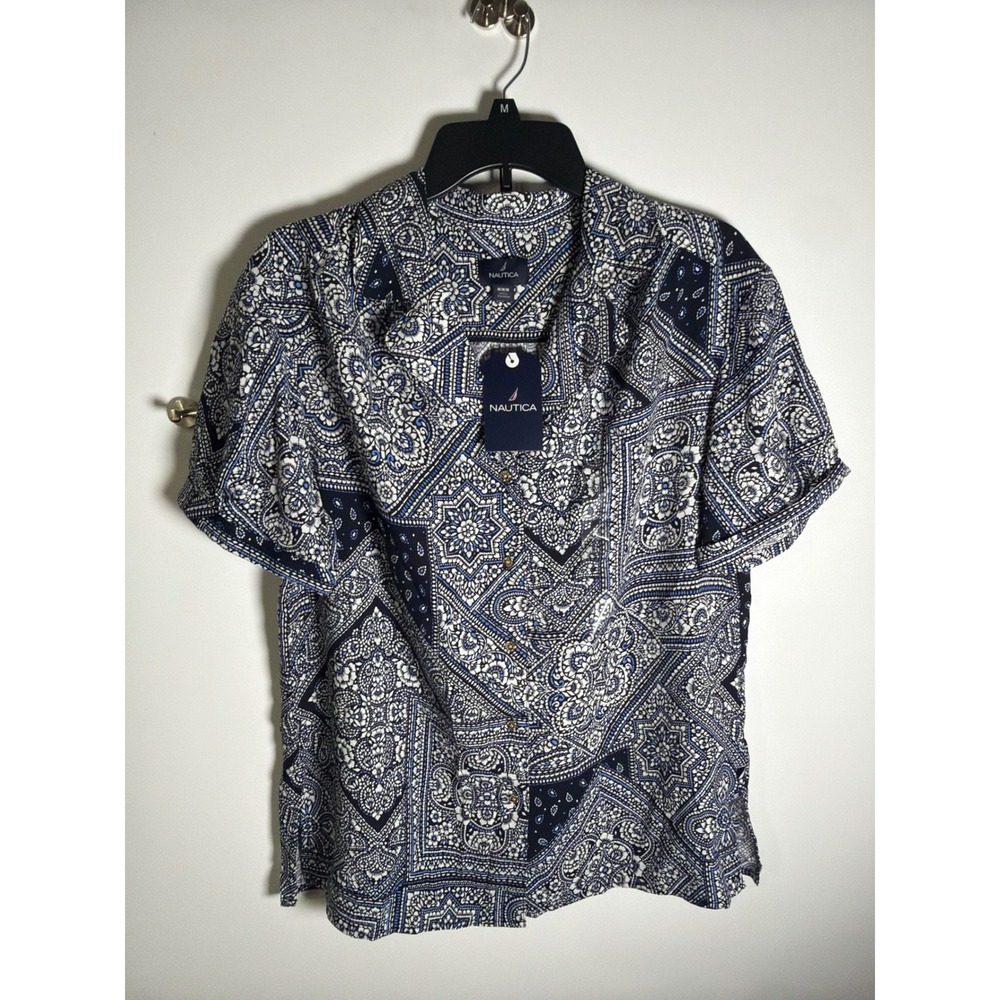 Nautica Womens Navy White Bandana Patchwork Button Down Shirt Size M